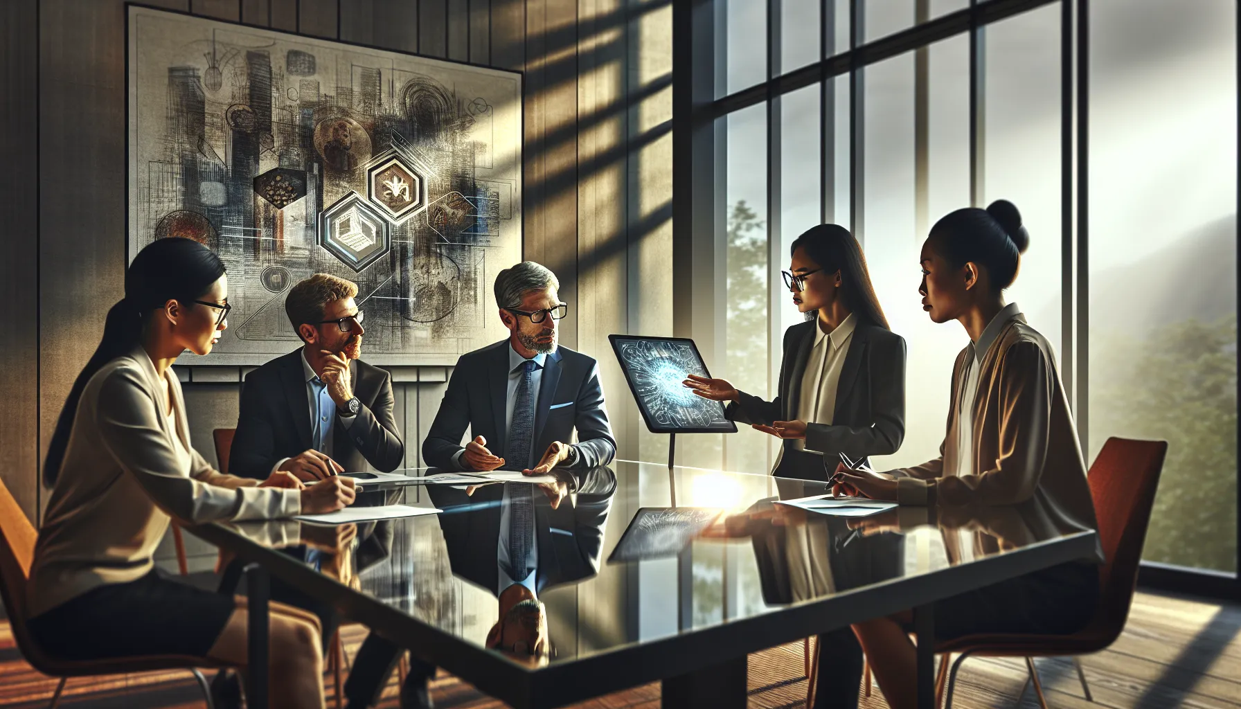 diverse professionals discussing the concept of туцыдфи in a modern conference room.