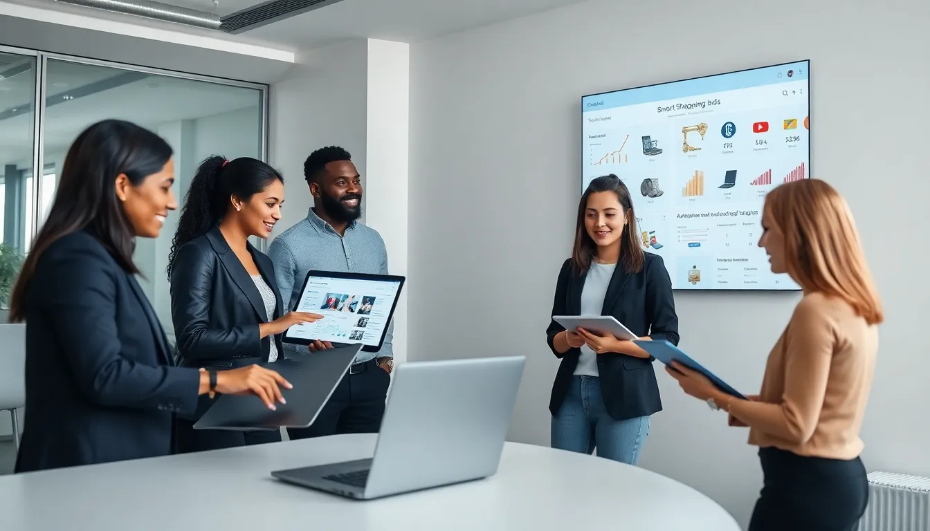 team collaborating on smart shopping ads in a modern office.