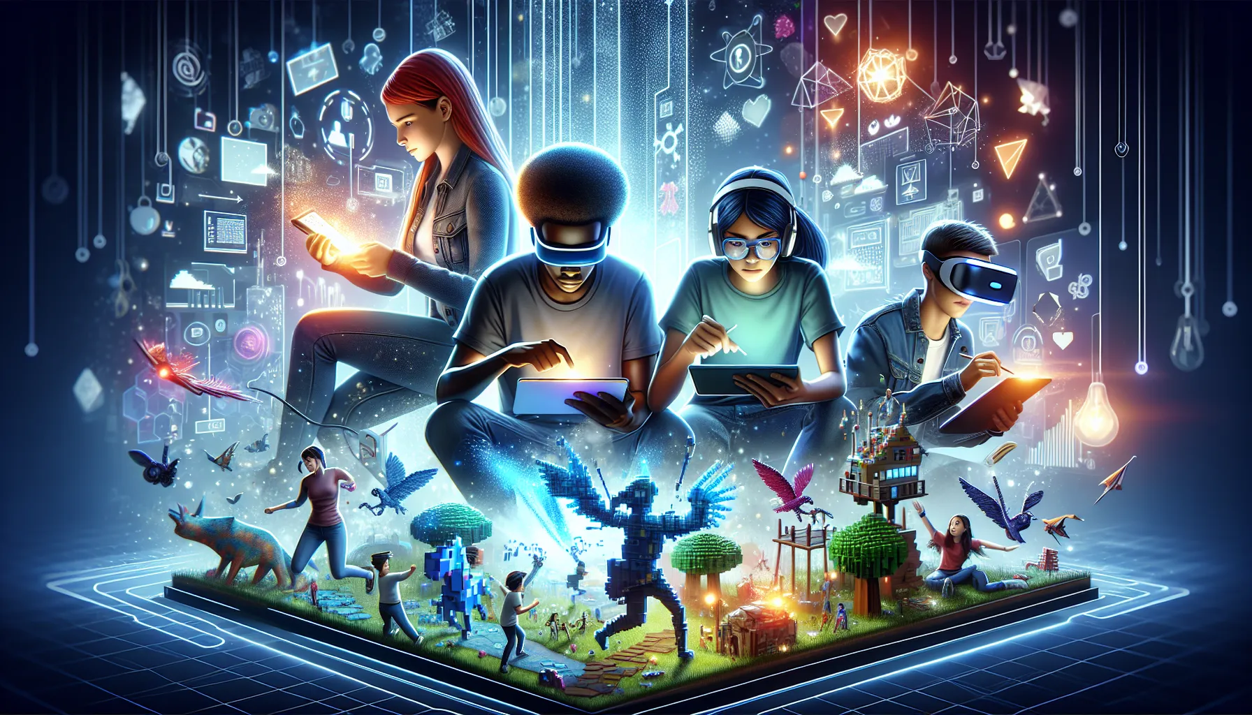 diverse players collaborating in a colorful, digital world.