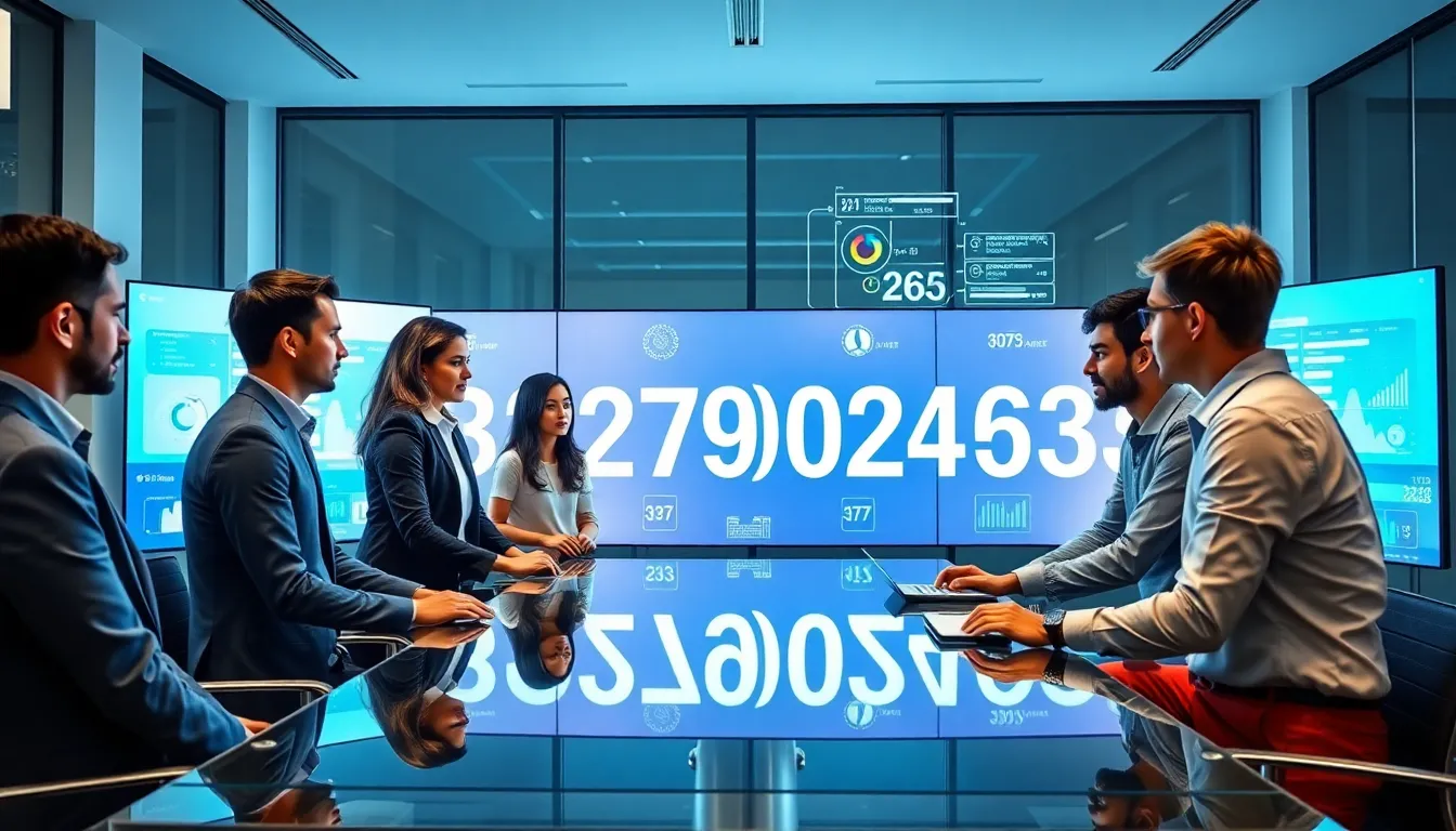 professionals analyzing the number 3279026383 in a modern office.