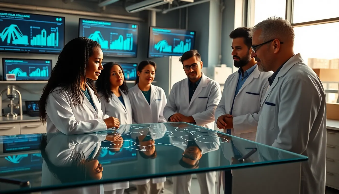 scientists discussing material analysis in a modern laboratory.