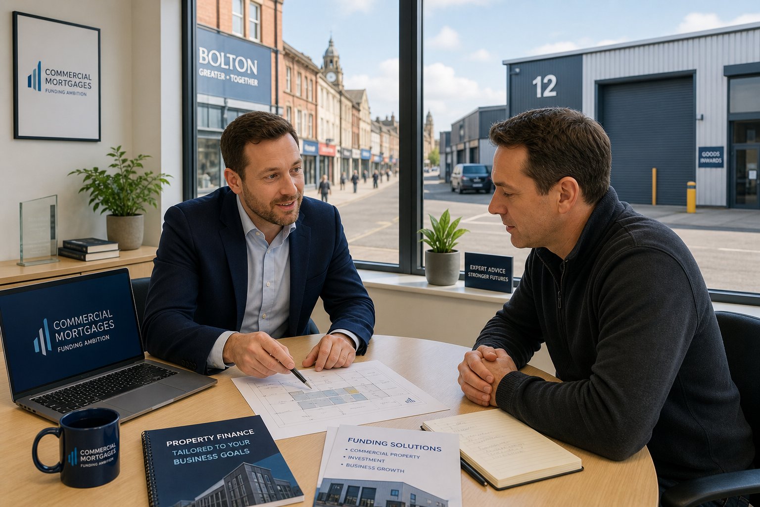 Business owner and adviser reviewing commercial property finance options in a modern Bolton office.