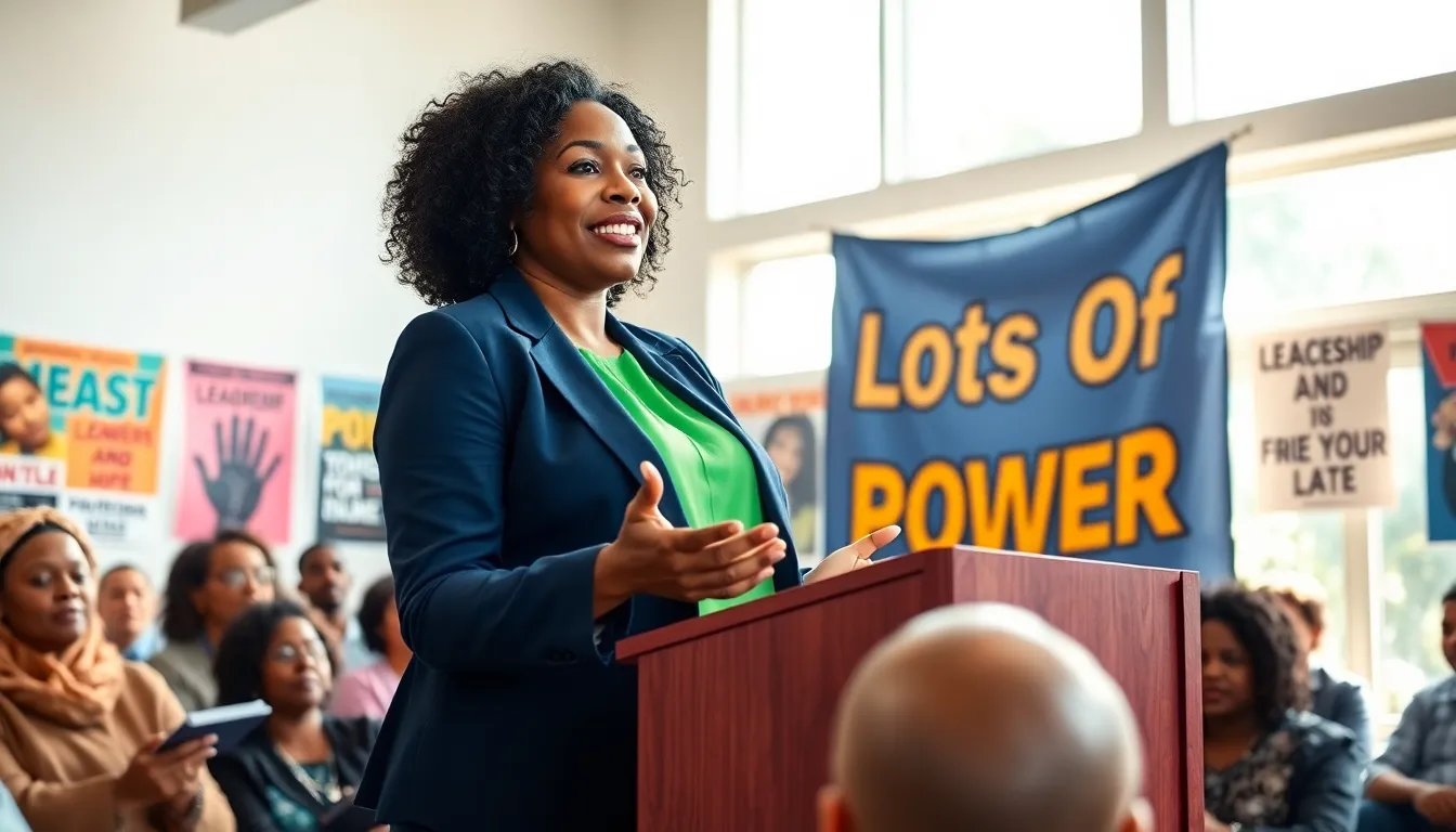 Naomi Bennett speaking at a community event promoting empowerment.