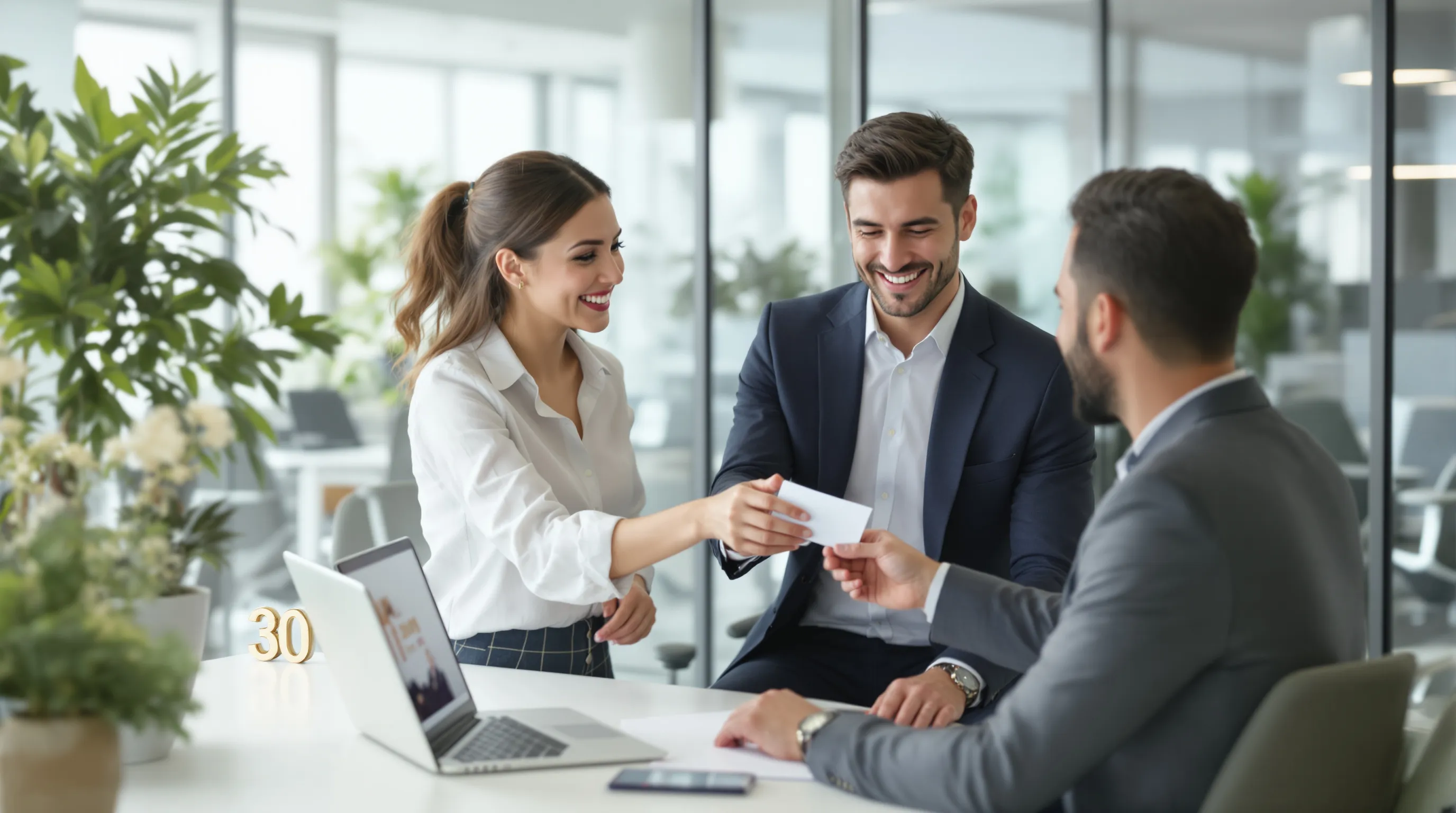 Two colleagues exchanging a birthday card in a modern office setting.