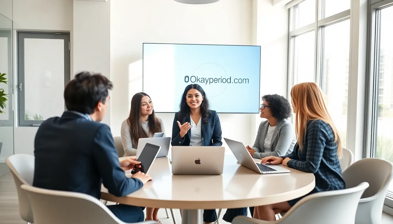 diverse team discussing menstrual care solutions in a modern office.