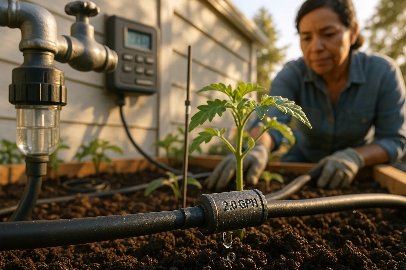 Close-up of a drip emitter watering a tomato seedling in a raised bed.