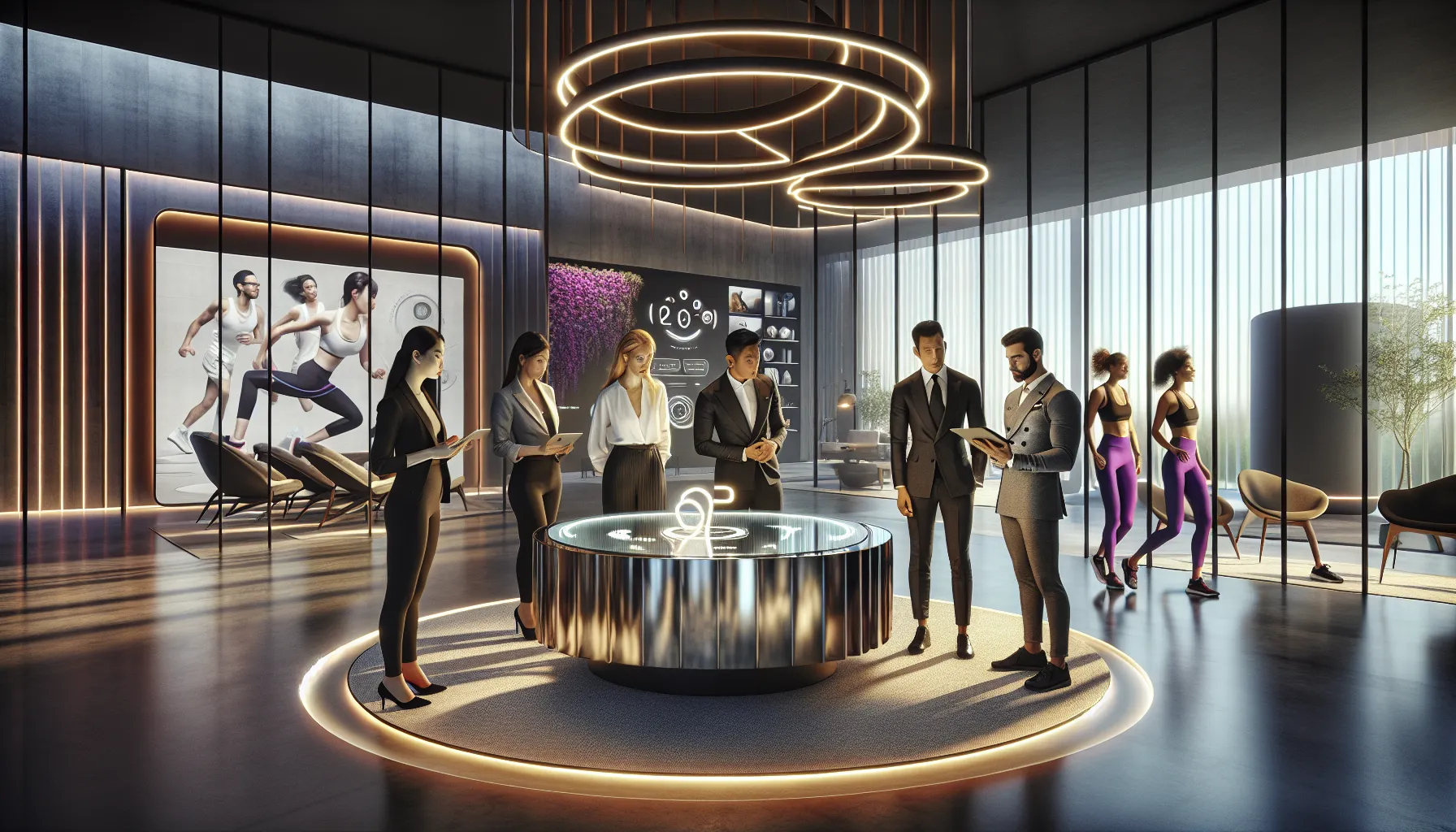 diverse team discussing innovative tech products in a modern living room.