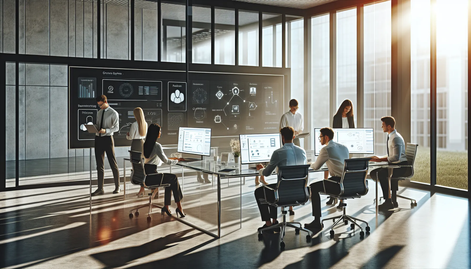 diverse team collaborating on software installation in a modern office.