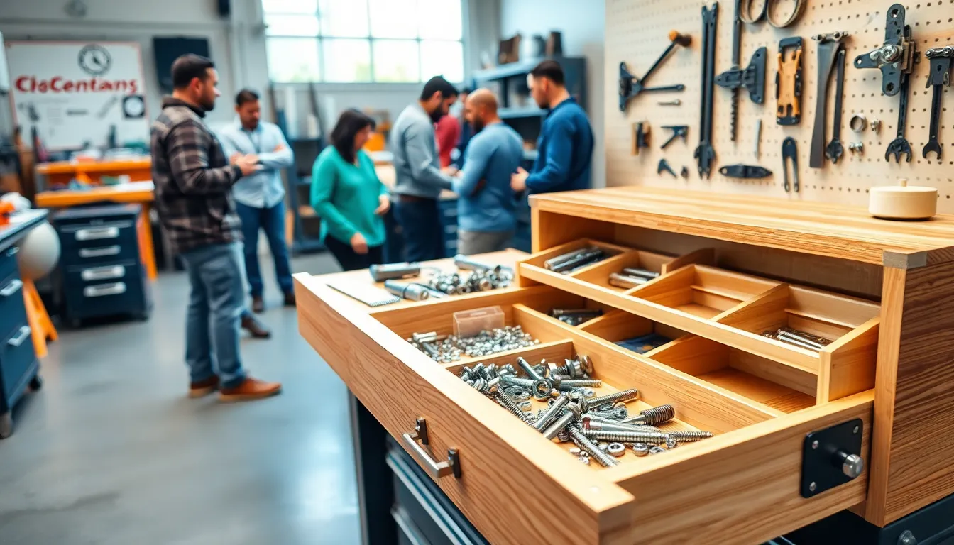 organized tool bench with hardware components in a modern workshop.