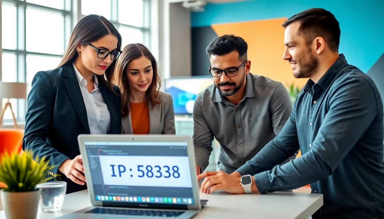 Team discussing network data in a modern office.
