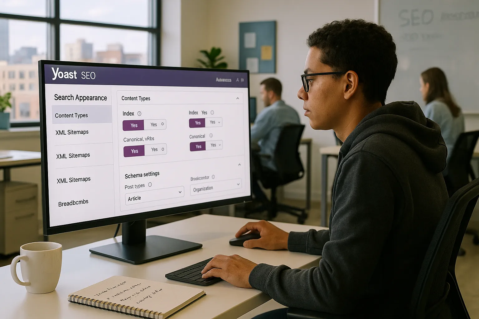 SEO expert configuring Yoast settings on WordPress in a modern US office.