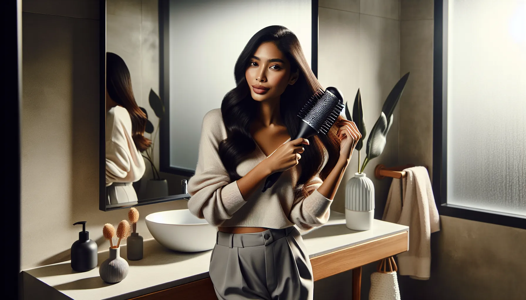 woman styling hair with a fönborstw in a modern bathroom.