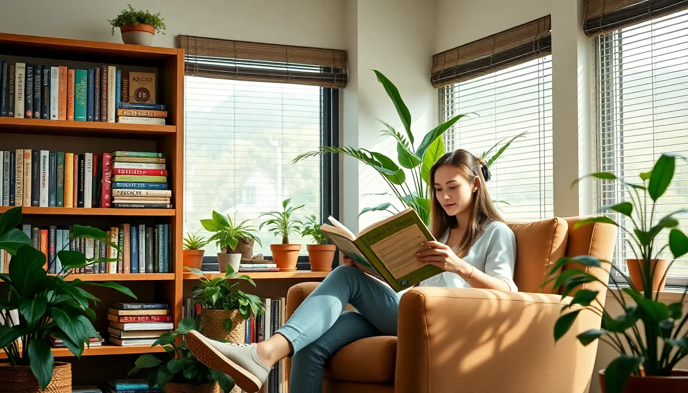 person reading sustainable living books in a bright, modern space.