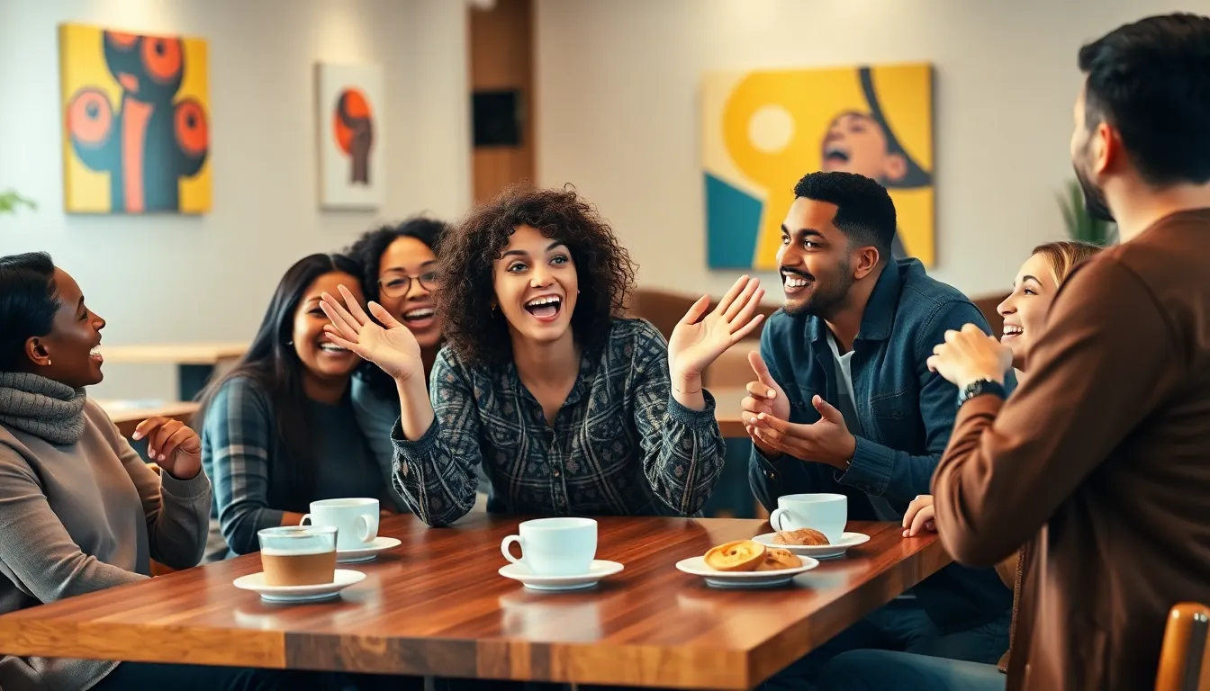 friends sharing a surprising moment in a cozy caf&eacute;.