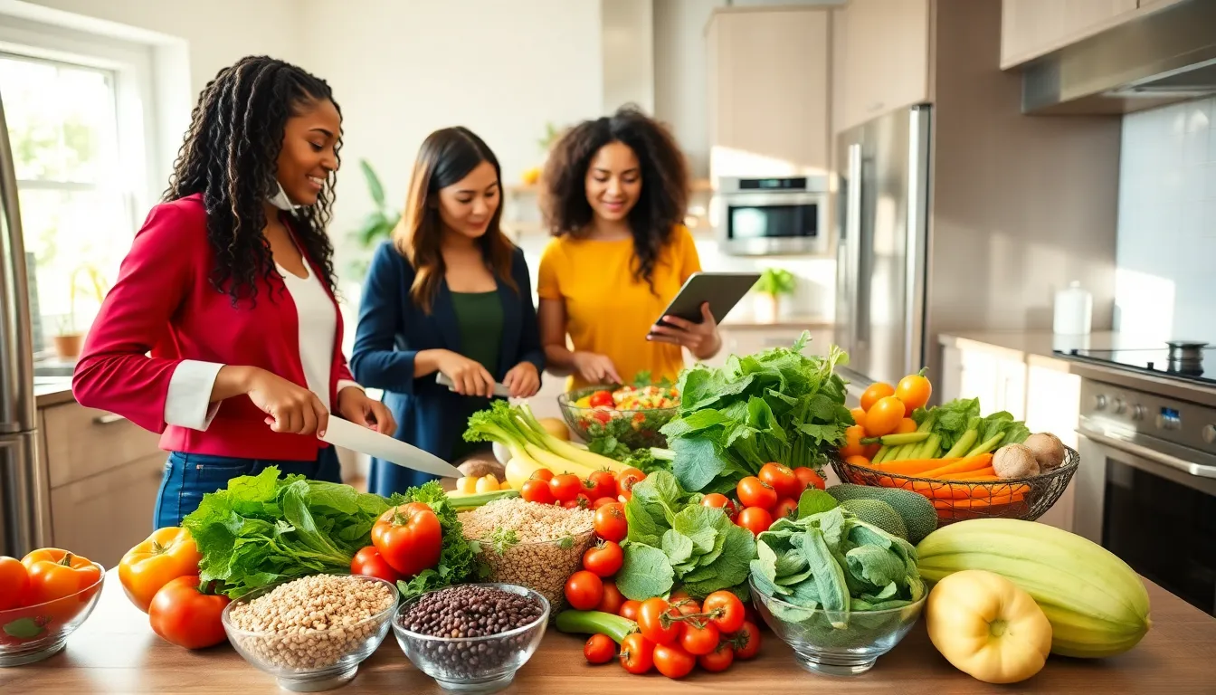 professionals preparing healthy vegetarian dishes in a modern kitchen.
