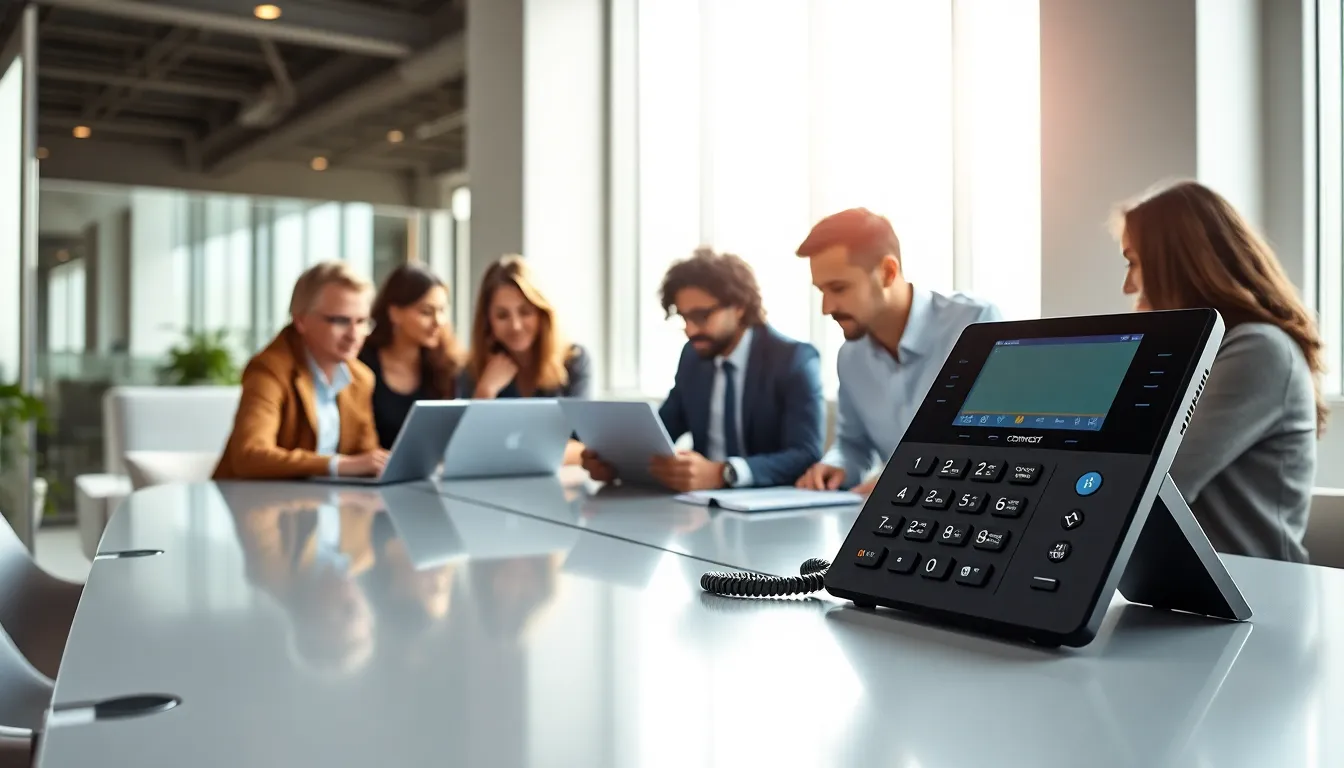 diverse professionals collaborating in a modern office with business phones.