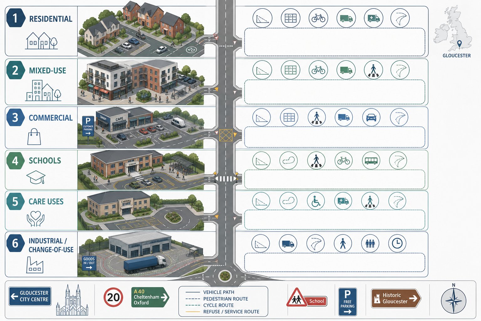 Infographic of Gloucester development types needing traffic engineering input.