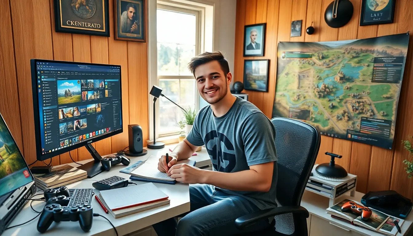 A young man using CK2Generator in a cozy home office setting.