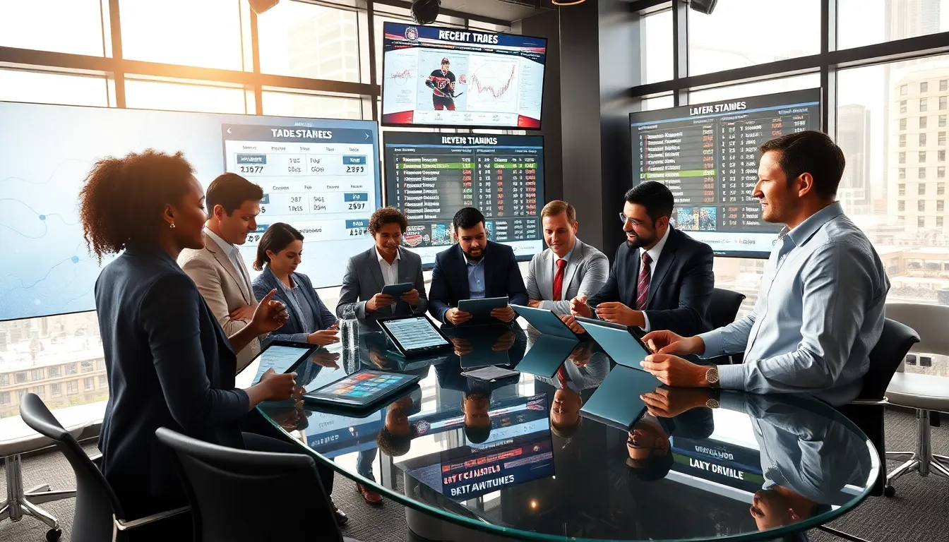 hockey news professionals discussing recent trades in a modern newsroom.