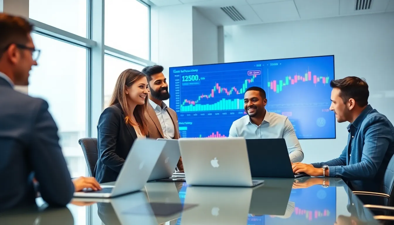 professionals discussing Bitclassic Coin in a modern office.