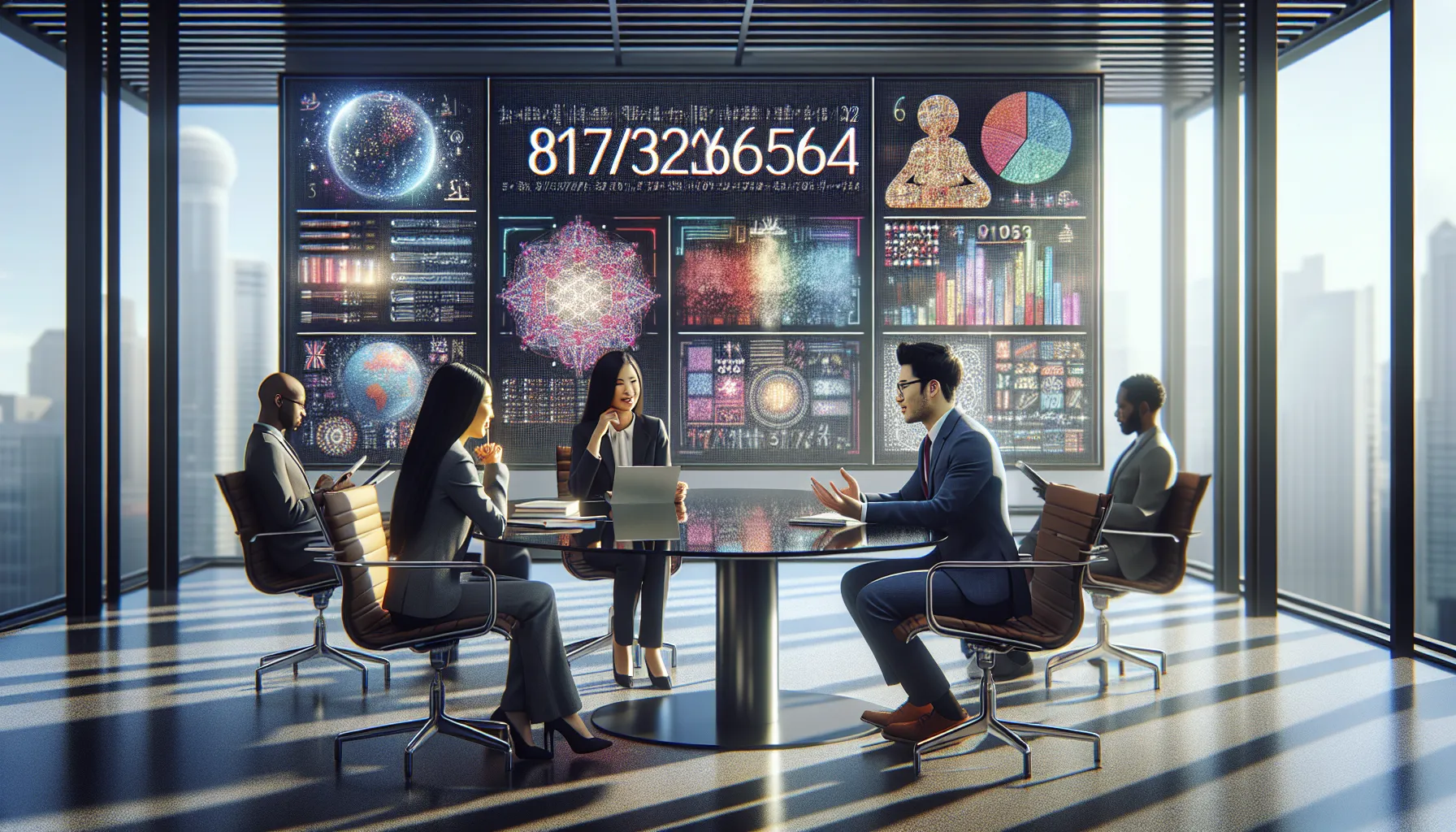 diverse team discussing pop culture with numerical significance in a modern office.