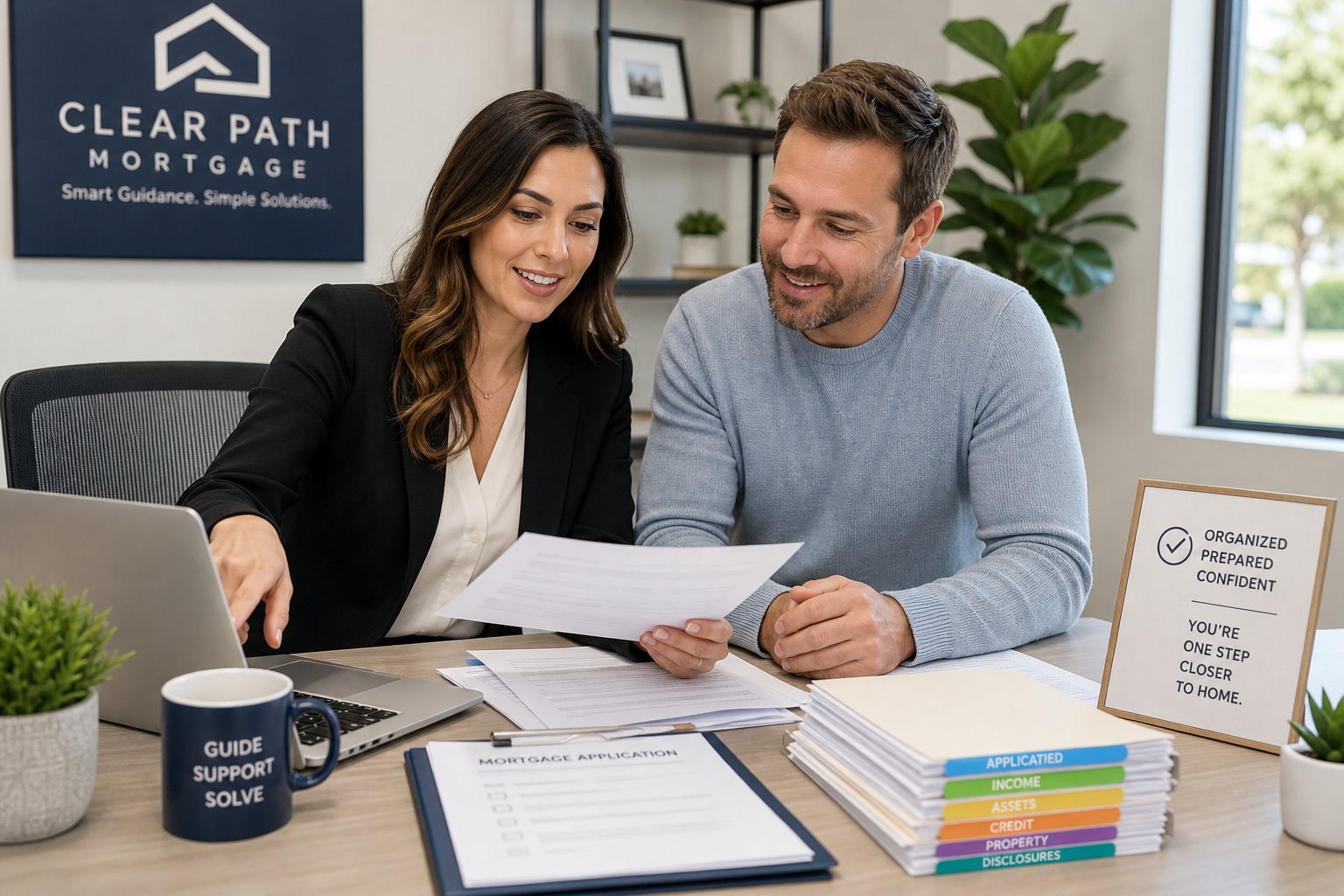 Broker helping a client complete mortgage paperwork efficiently in a professional office.