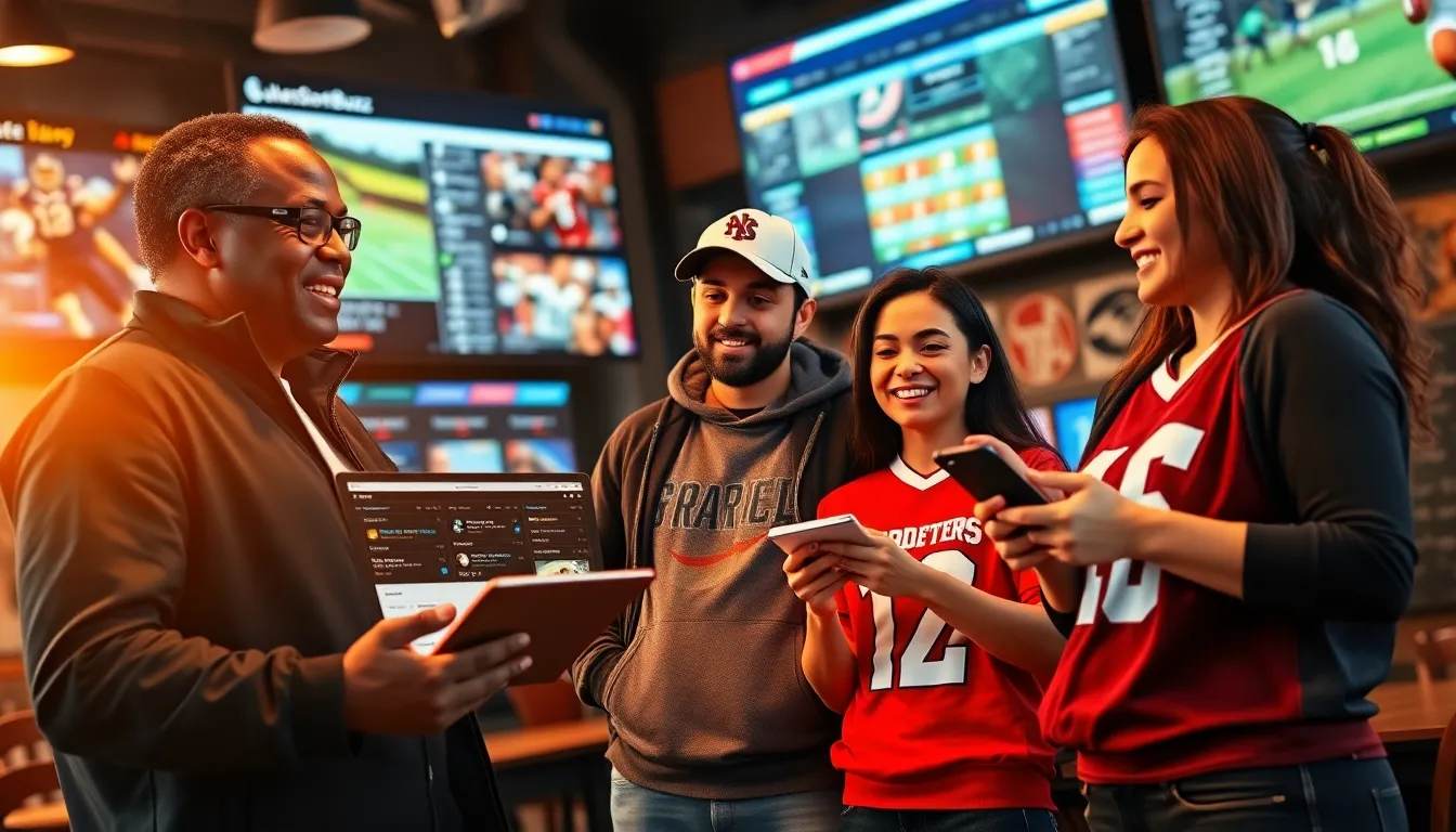people discussing sports updates at a lively sports café.