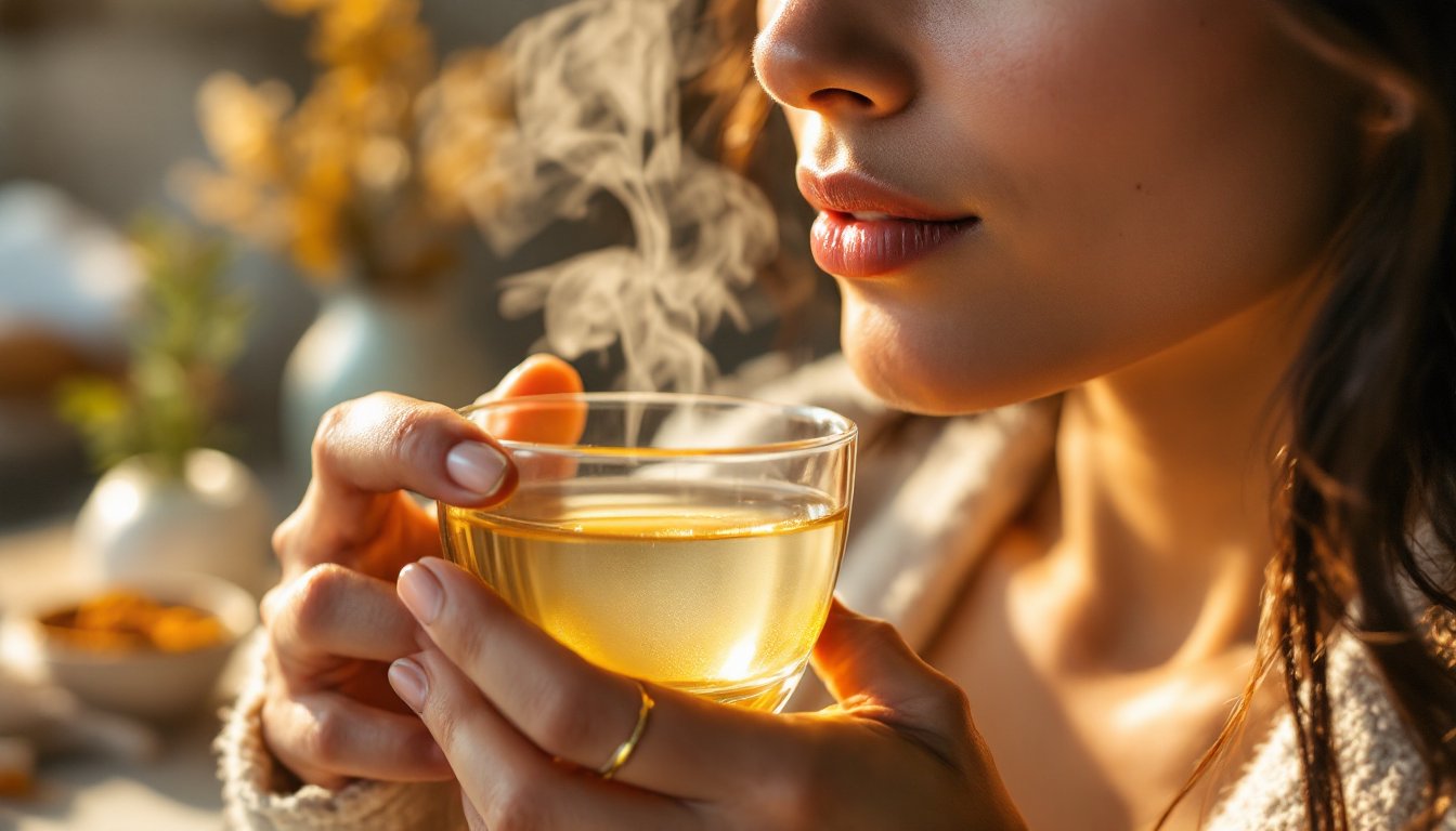 Close-up of a woman's glowing skin as she sips warm water in morning light.