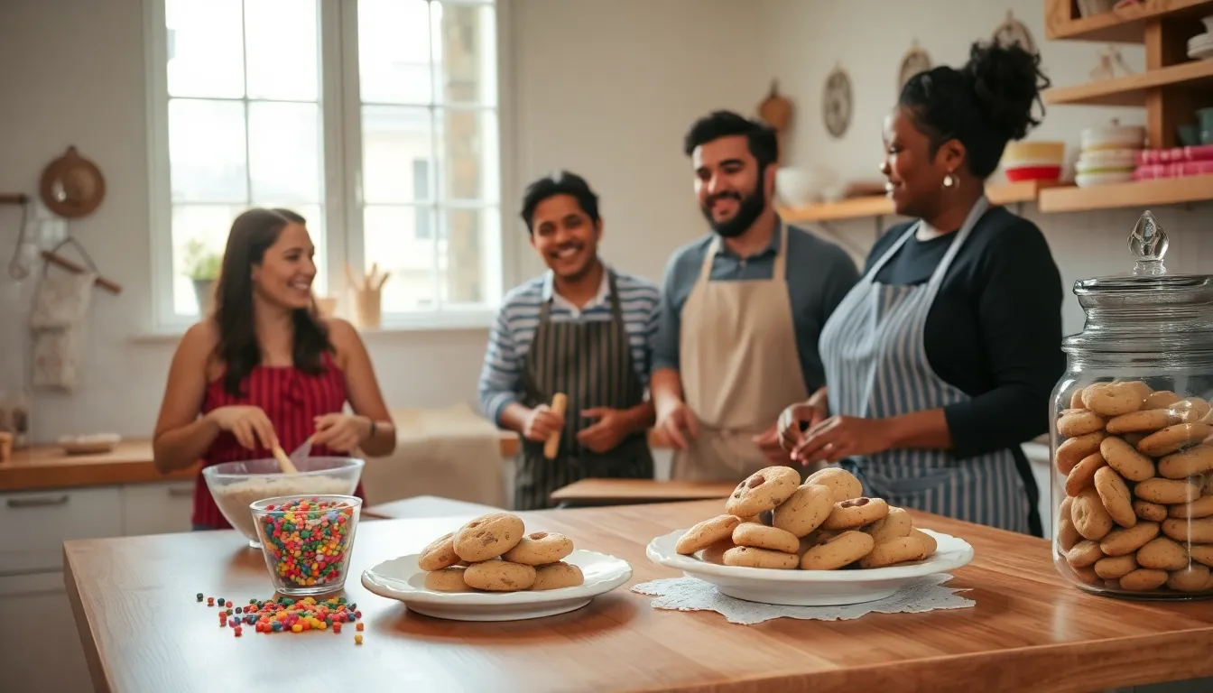 diverse bakers creating cookies in a warm kitchen setting.