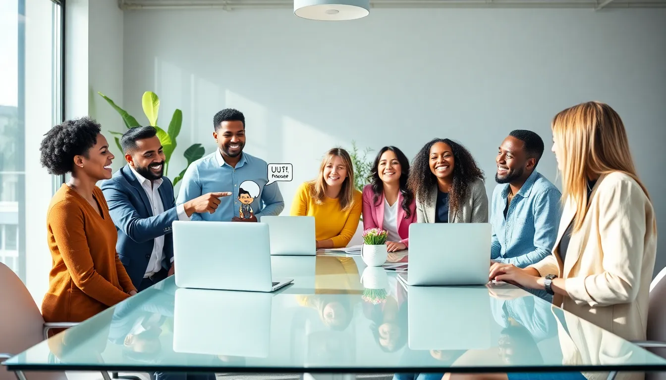 diverse team laughing together in a modern office setting.