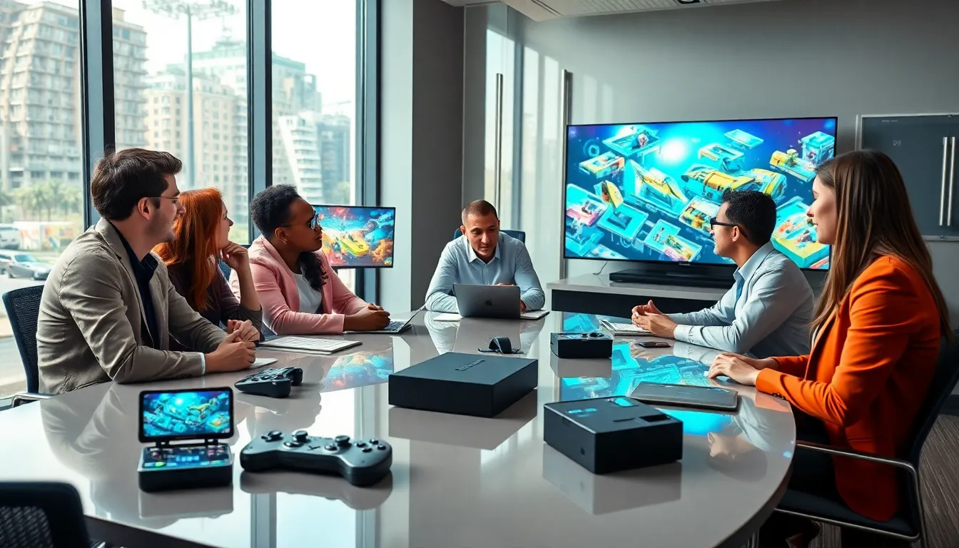 diverse team collaborating in a colorful game development office.