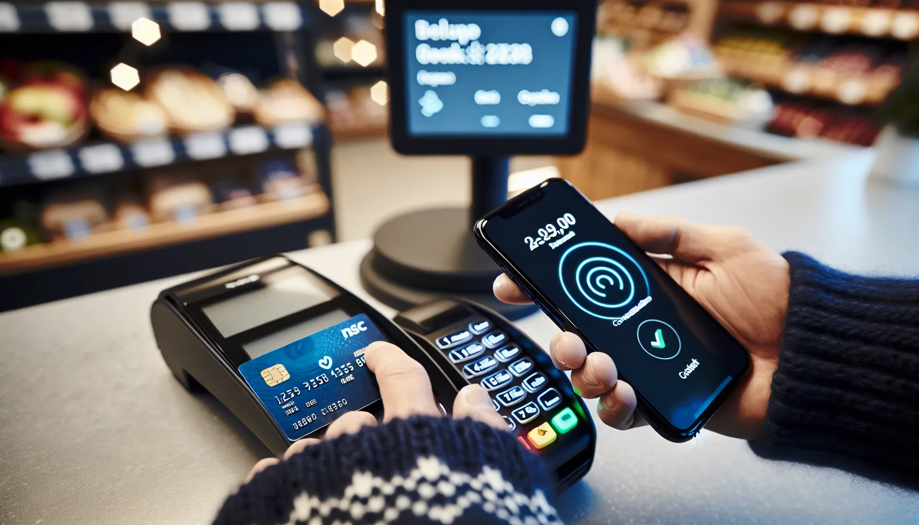 Norwegian shopper tapping phone for contactless payment at terminal, amount approved.