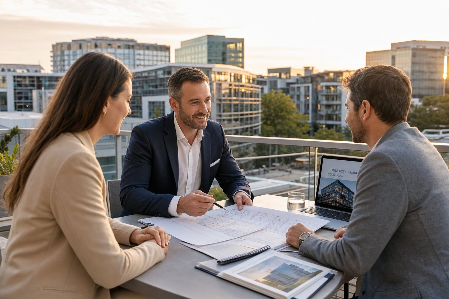 Commercial mortgage advisor meeting property investors on a rooftop overlooking a modern business district at golden hour.