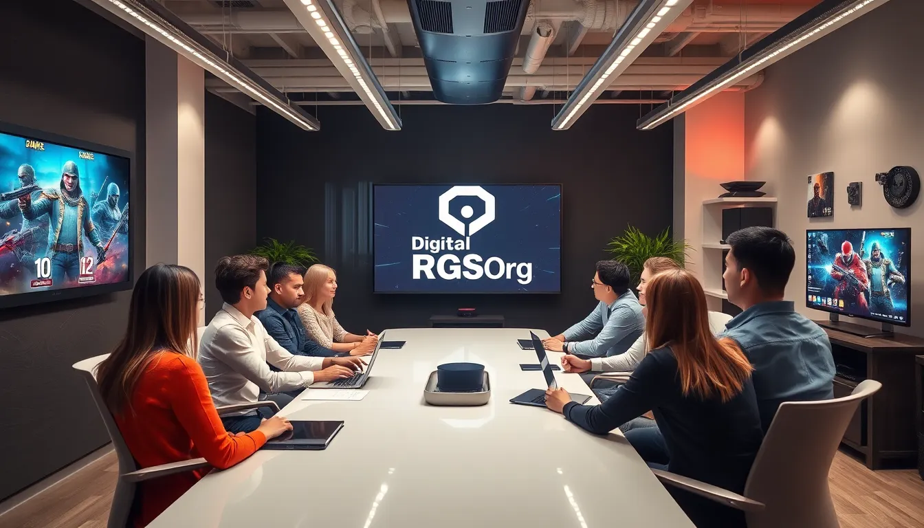 Diverse team collaborating in a modern gaming office.
