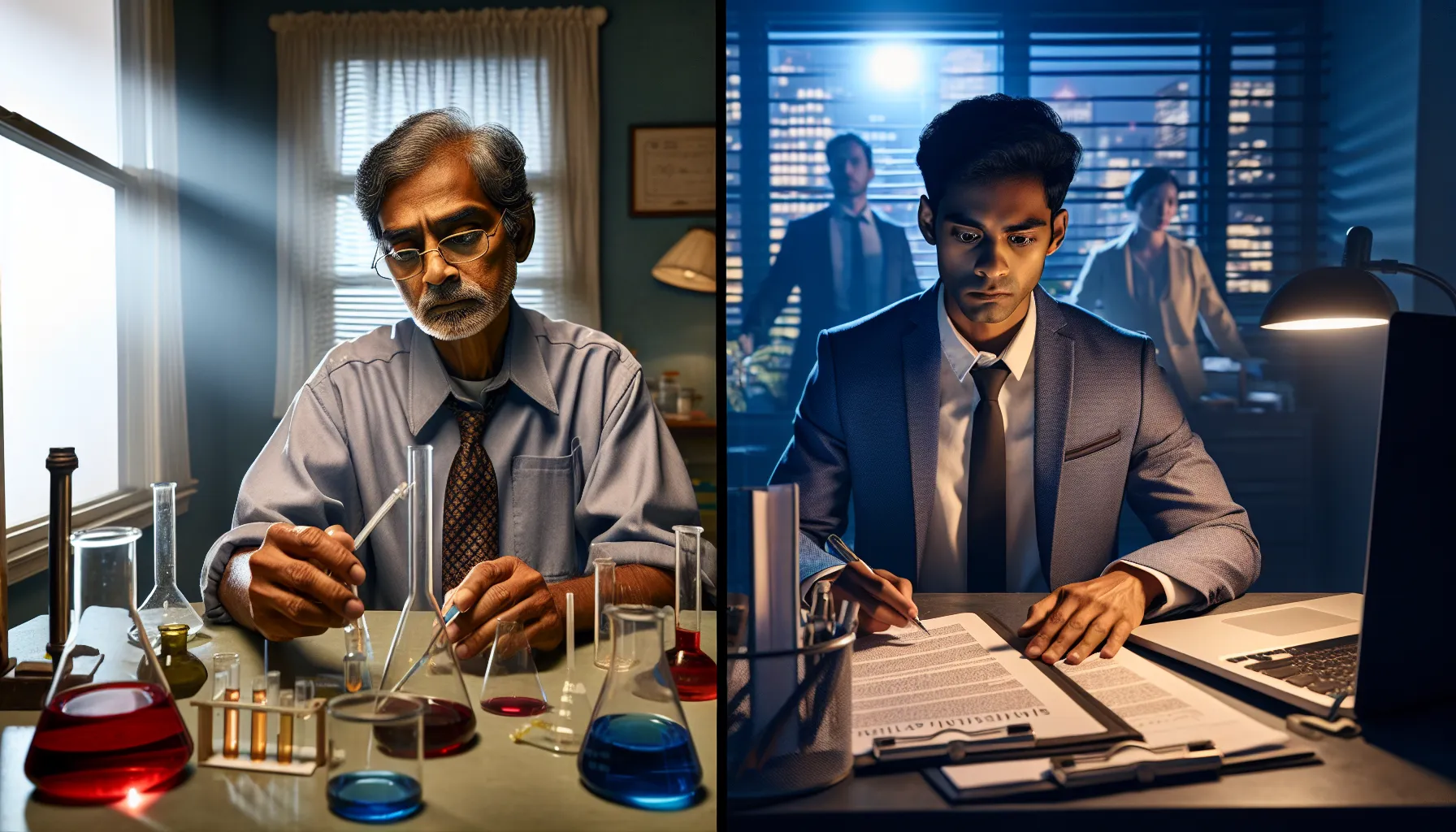 Scenes of a chemistry teacher and a lawyer symbolizing their diverging journeys.