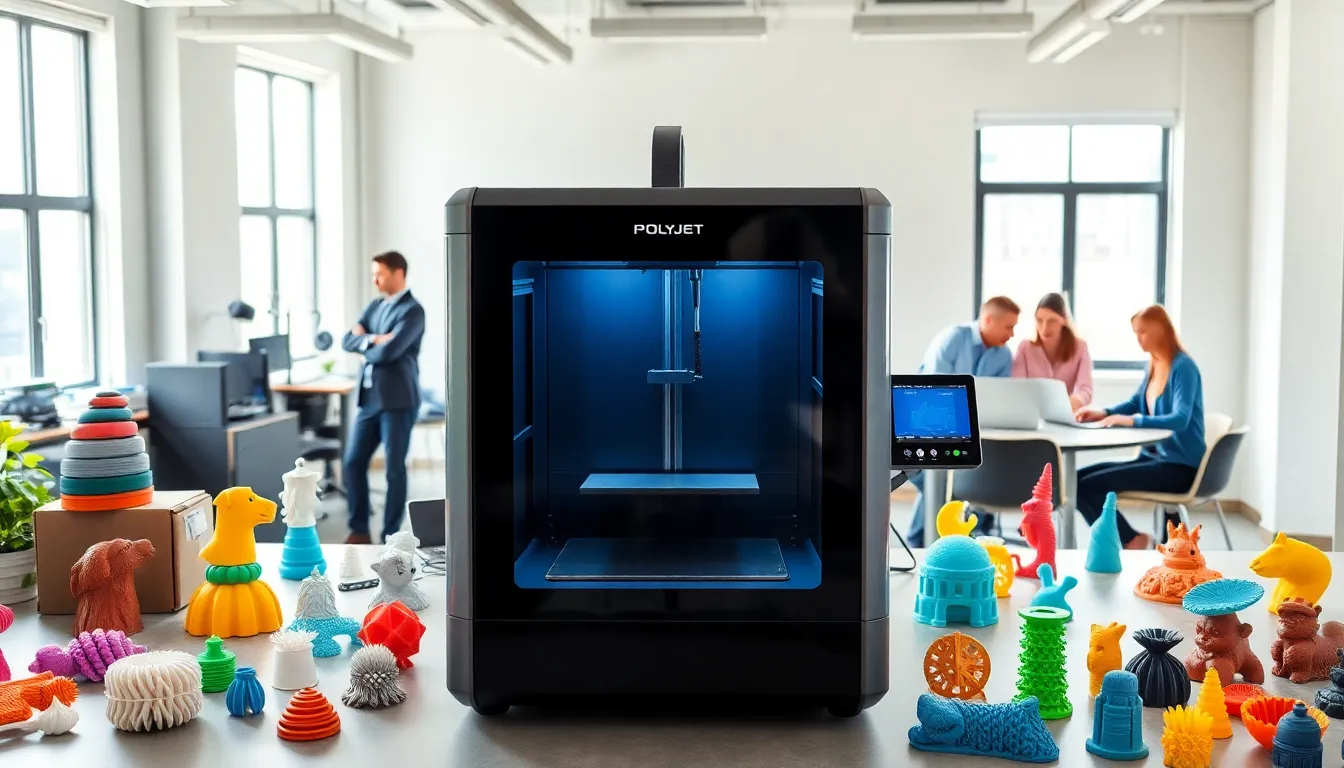 modern workshop showcasing PolyJet 3D printing technology and collaborative team.