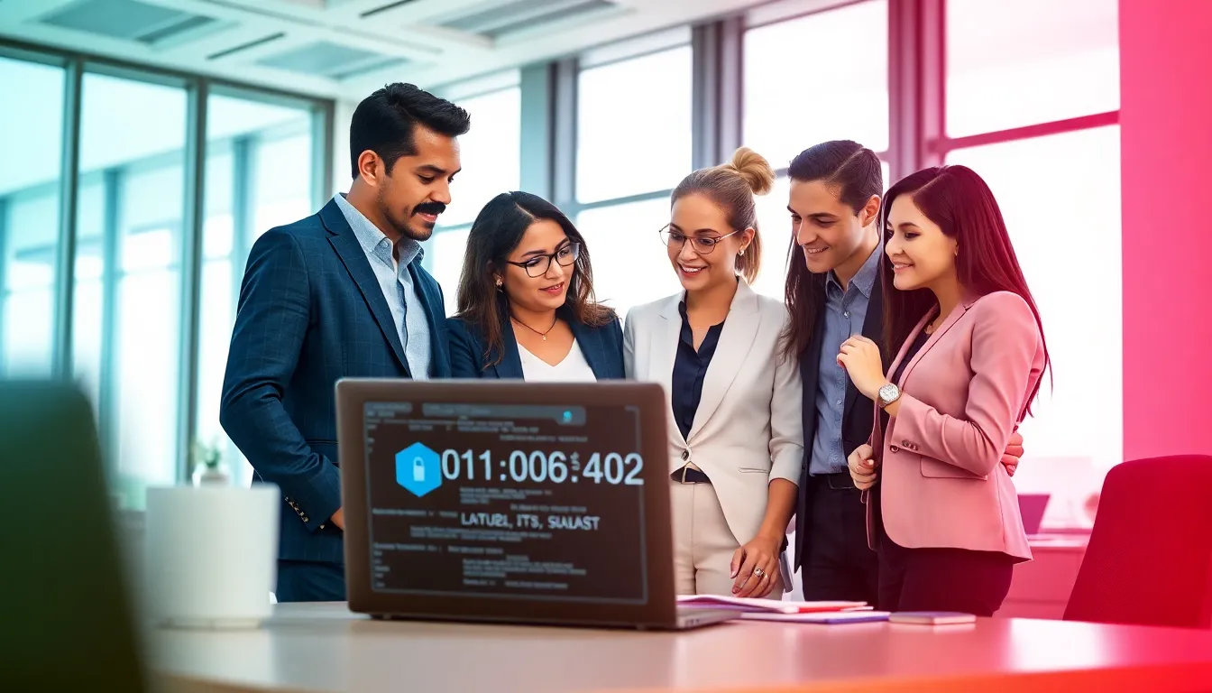 diverse team discussing digital security in a modern office.