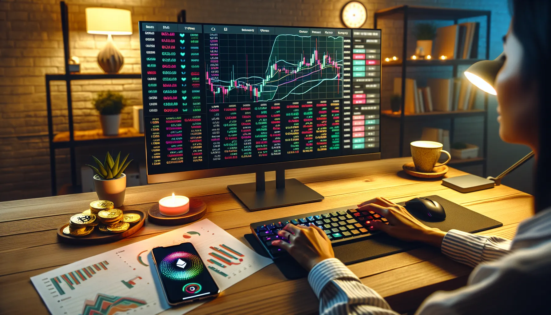 Trader analyzing Floki Inu cryptocurrency charts on computer monitor at home office desk.