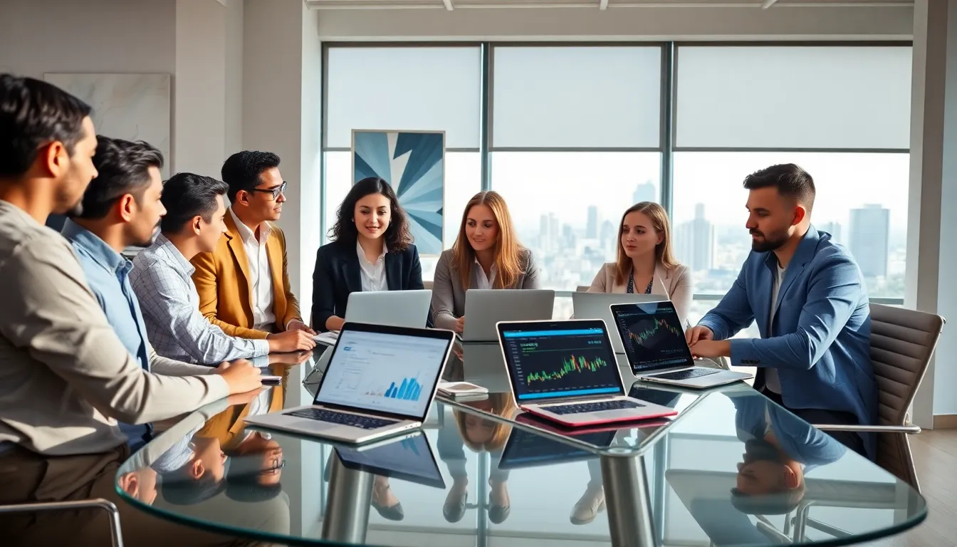 diverse team collaborating on cryptocurrency concepts in a modern office.