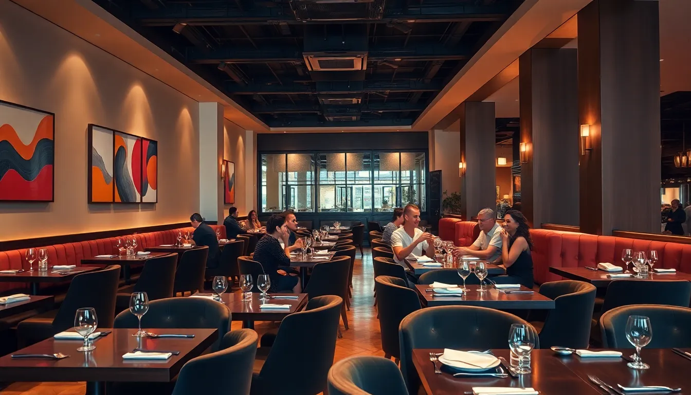 elegant restaurant interior with modern furnishings and warm lighting.