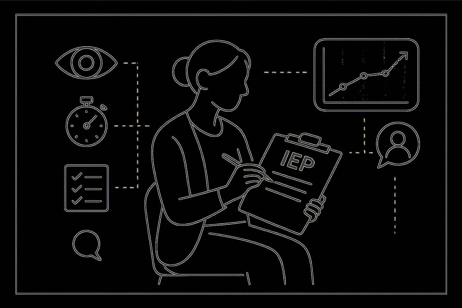 Educator with IEP clipboard surrounded by observation, stopwatch, graph, and parent icons. - What Is Special Education Data Collection A Practical Guide For Educators And Families In 2026