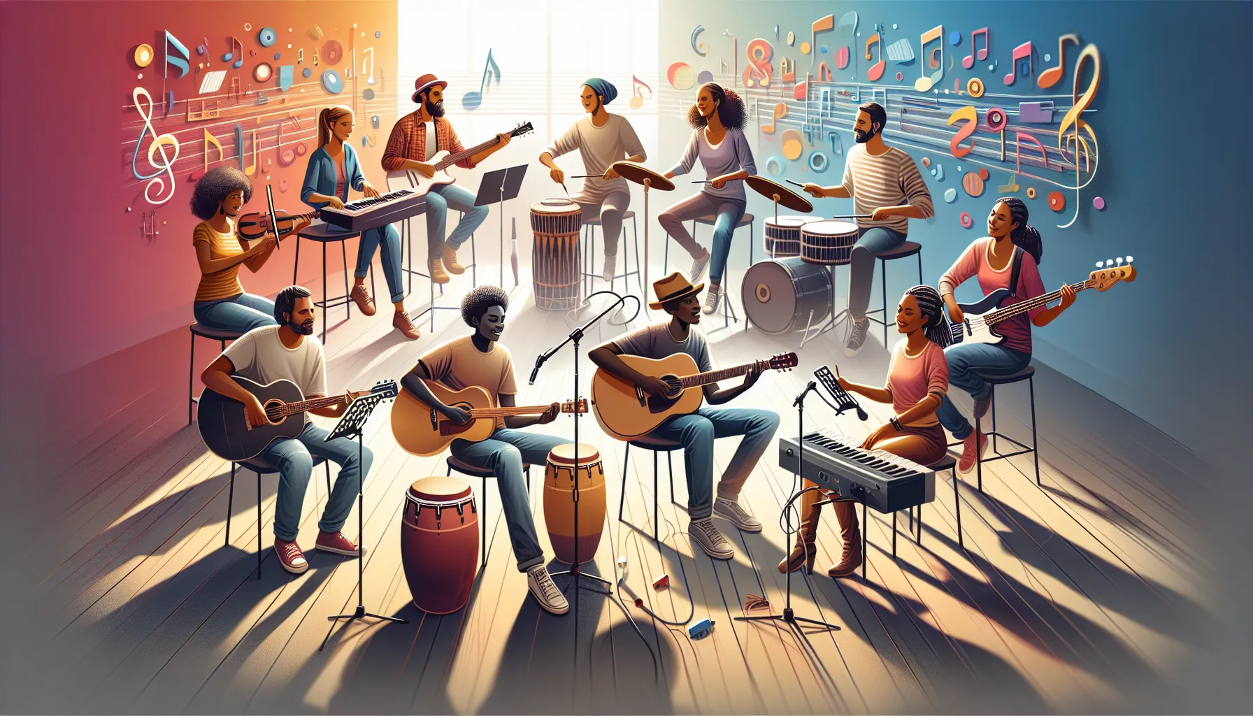 diverse musicians collaborating in a bright studio setting.