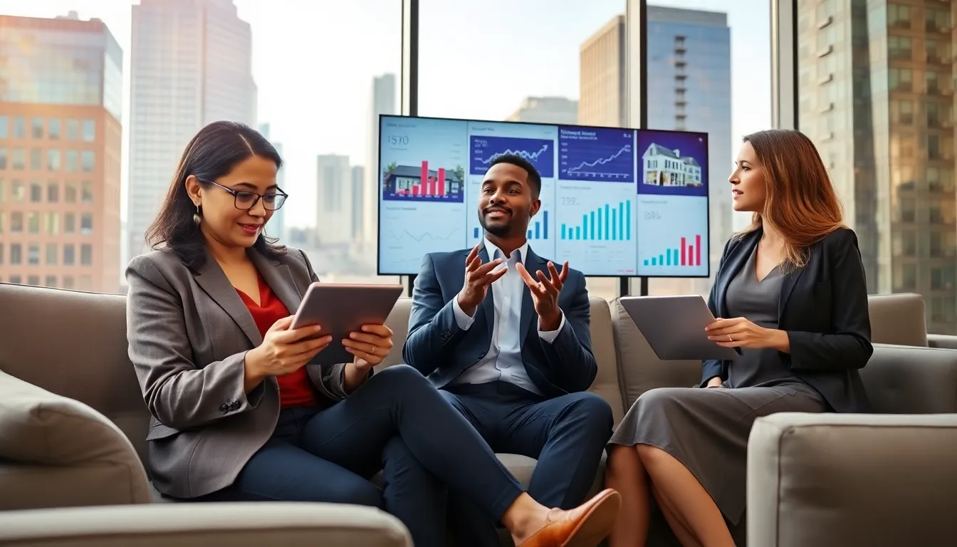 People engaging with the HomeRocketRealty platform in an urban office setting.