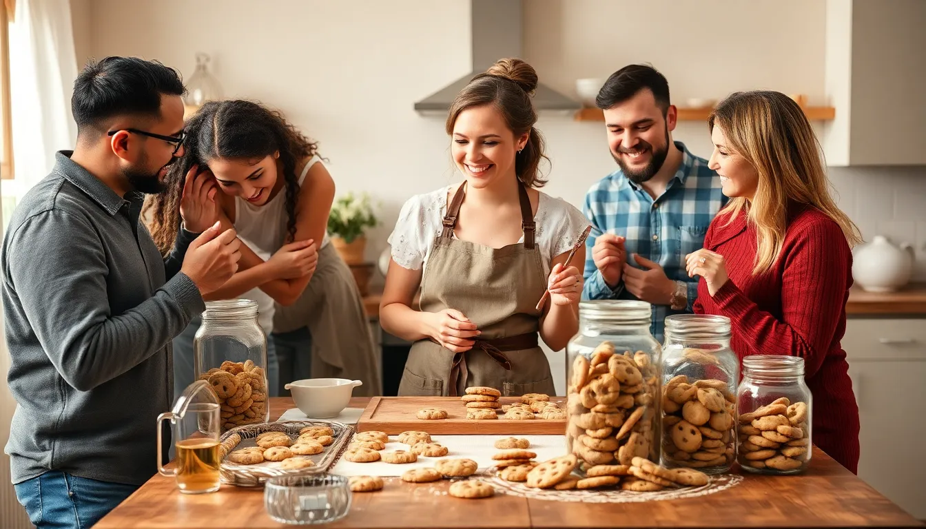 diverse group enjoying baking cookies in a cozy kitchen.