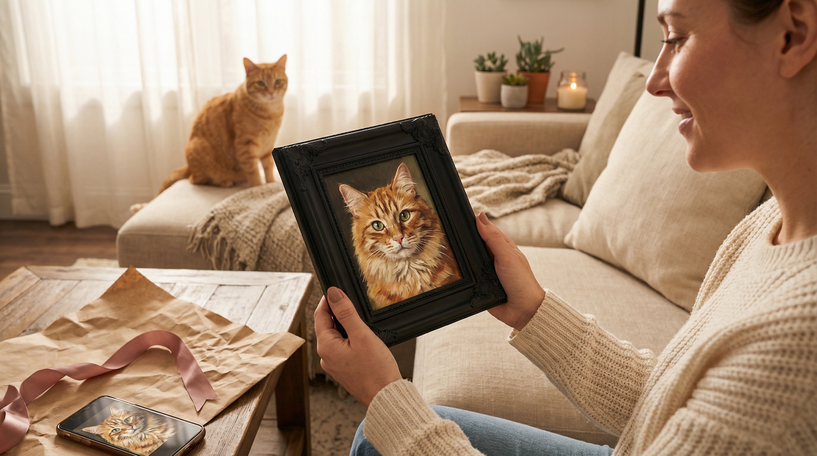 Woman unwrapping a framed cat portrait gift on a cozy couch.