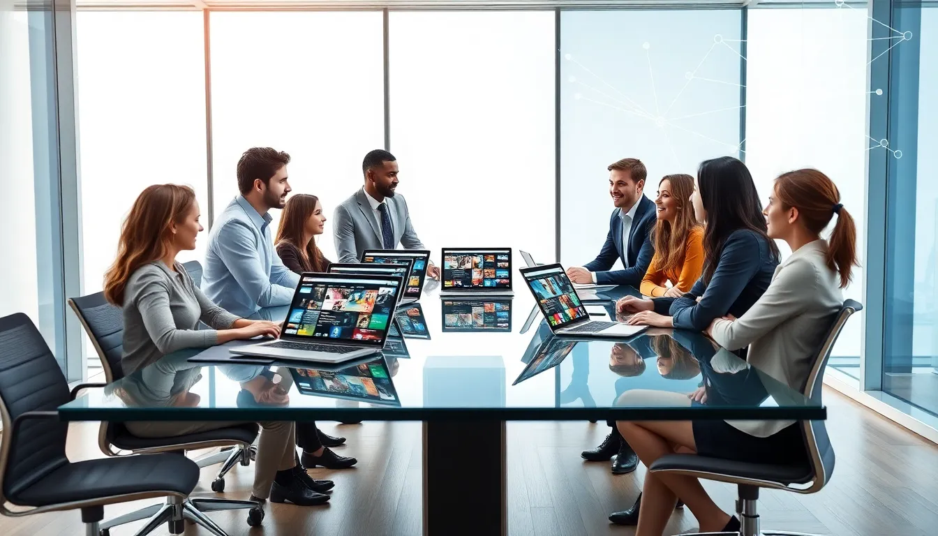 diverse team discussing digital content in a modern office.