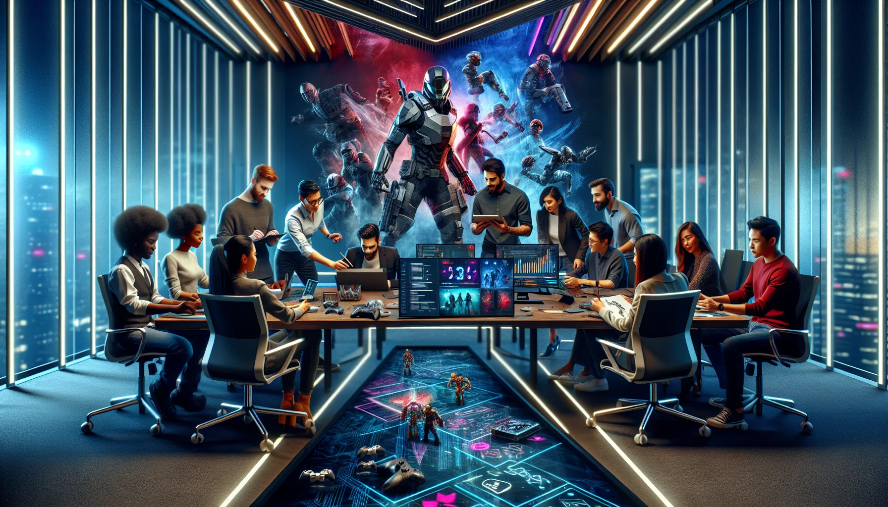 diverse team collaborating on a video game development project.