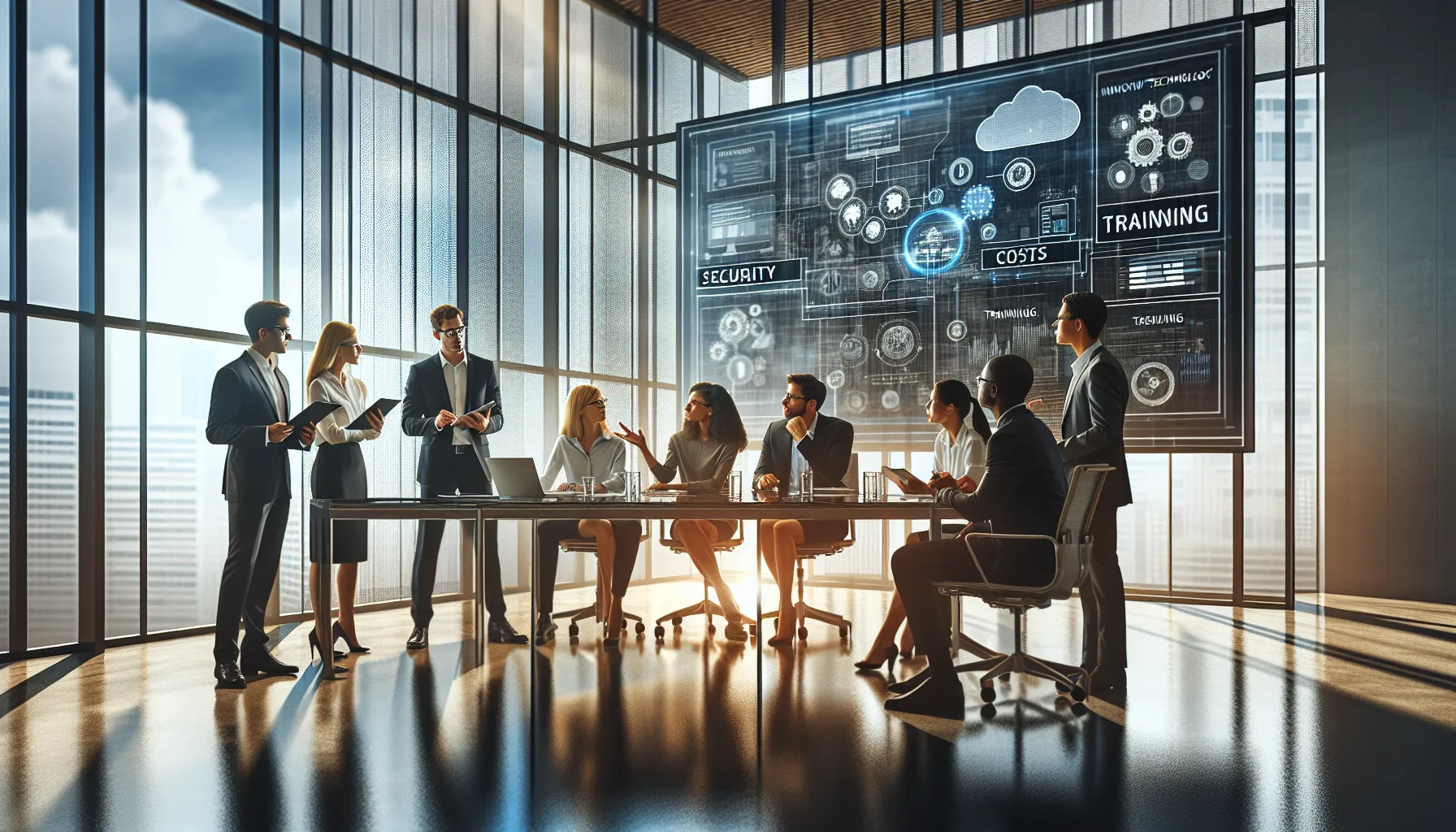 diverse team discussing technology challenges in a modern office.
