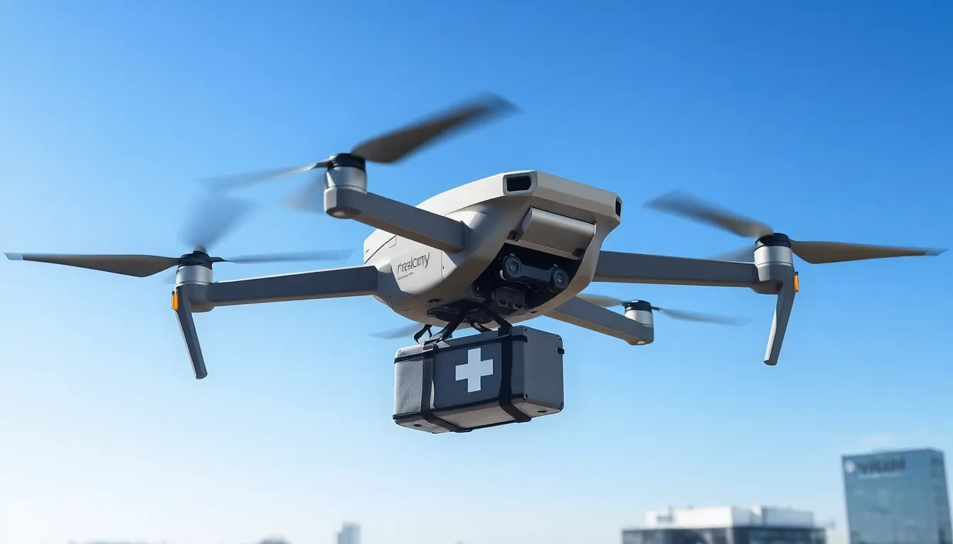 A payload drone carrying a medical kit in an urban environment.