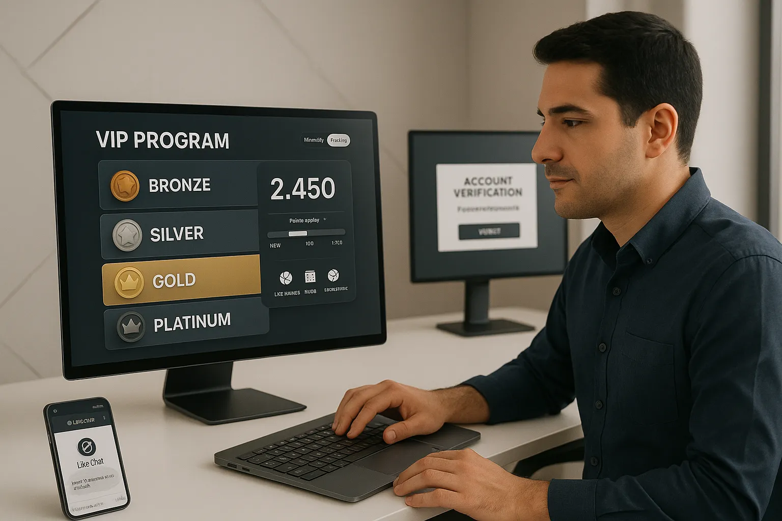 Professional viewing a VIP program dashboard with tier badges and points.